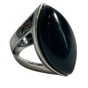Chunky Silver Tone Stainless Steel Ring Size 7 Black Faux Stone Statement Modern